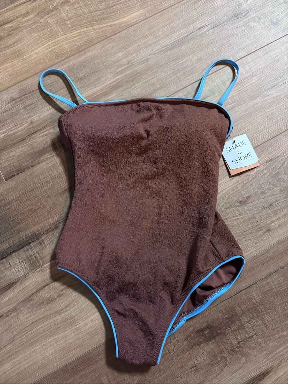 NWT Brown Strap One-Piece Swimsuit with Blue Trim